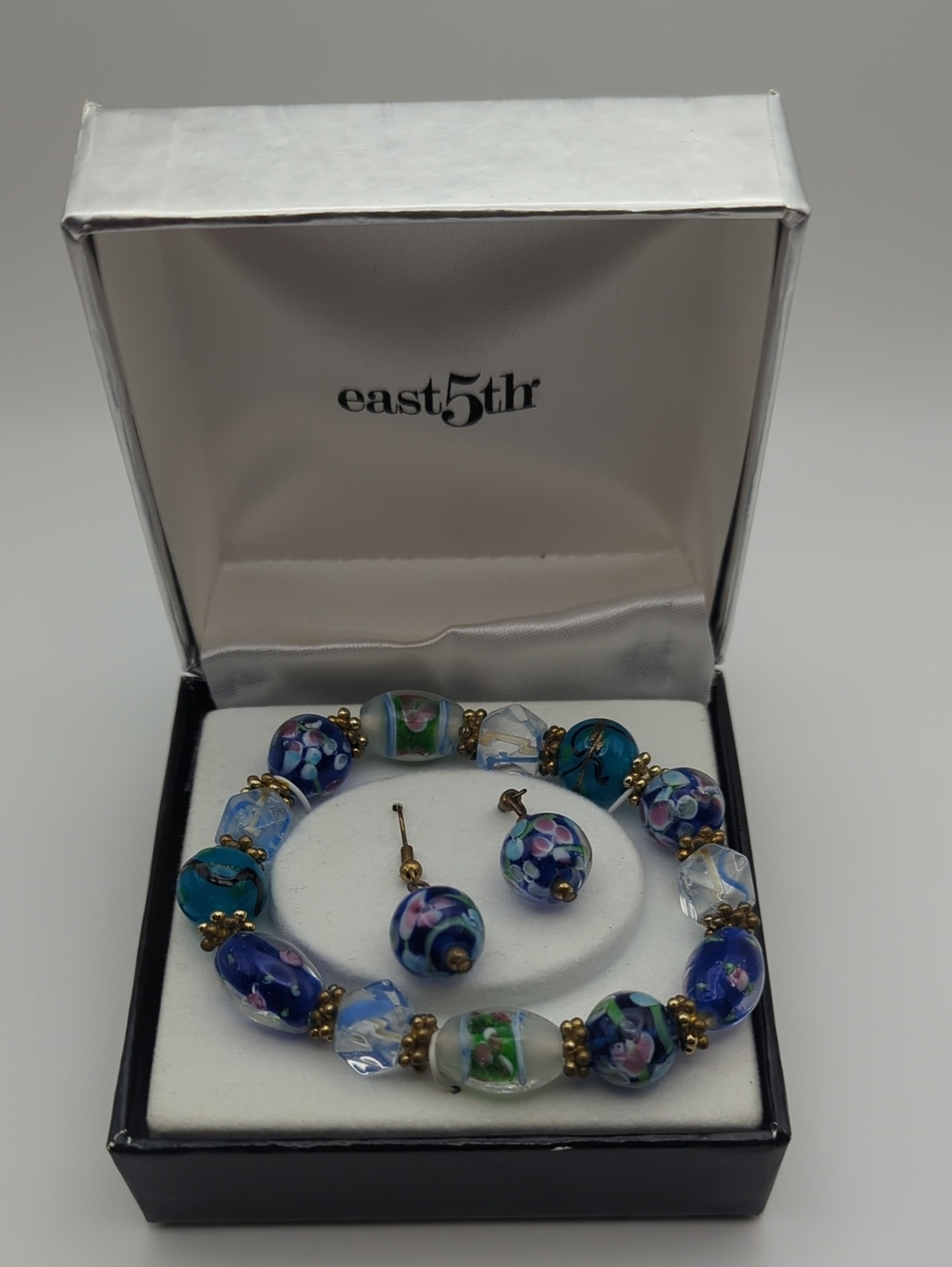 East 5th Blue Floral Glass Bead Bracelet with Matching Bead Earrings